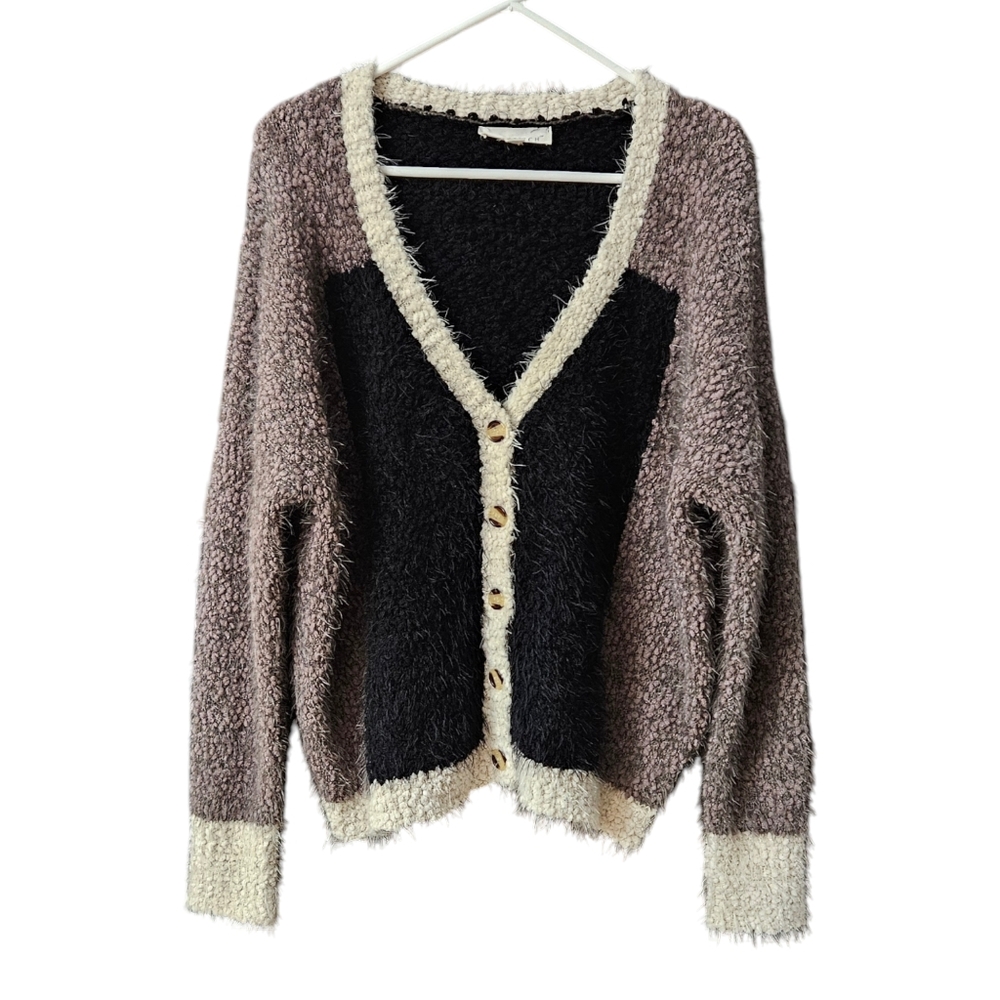 Lovestitch Fuzzy KColorblock Cardigan Women's Size M/L Button Front Black